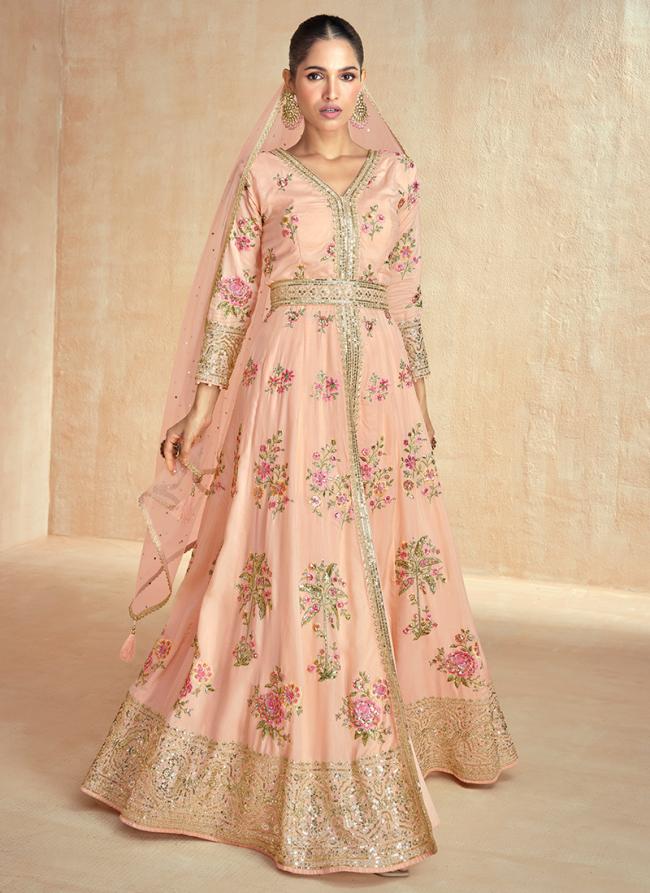 Premium Silk Peach Wedding Wear Embroidery Work Readymade Anarkali Suit